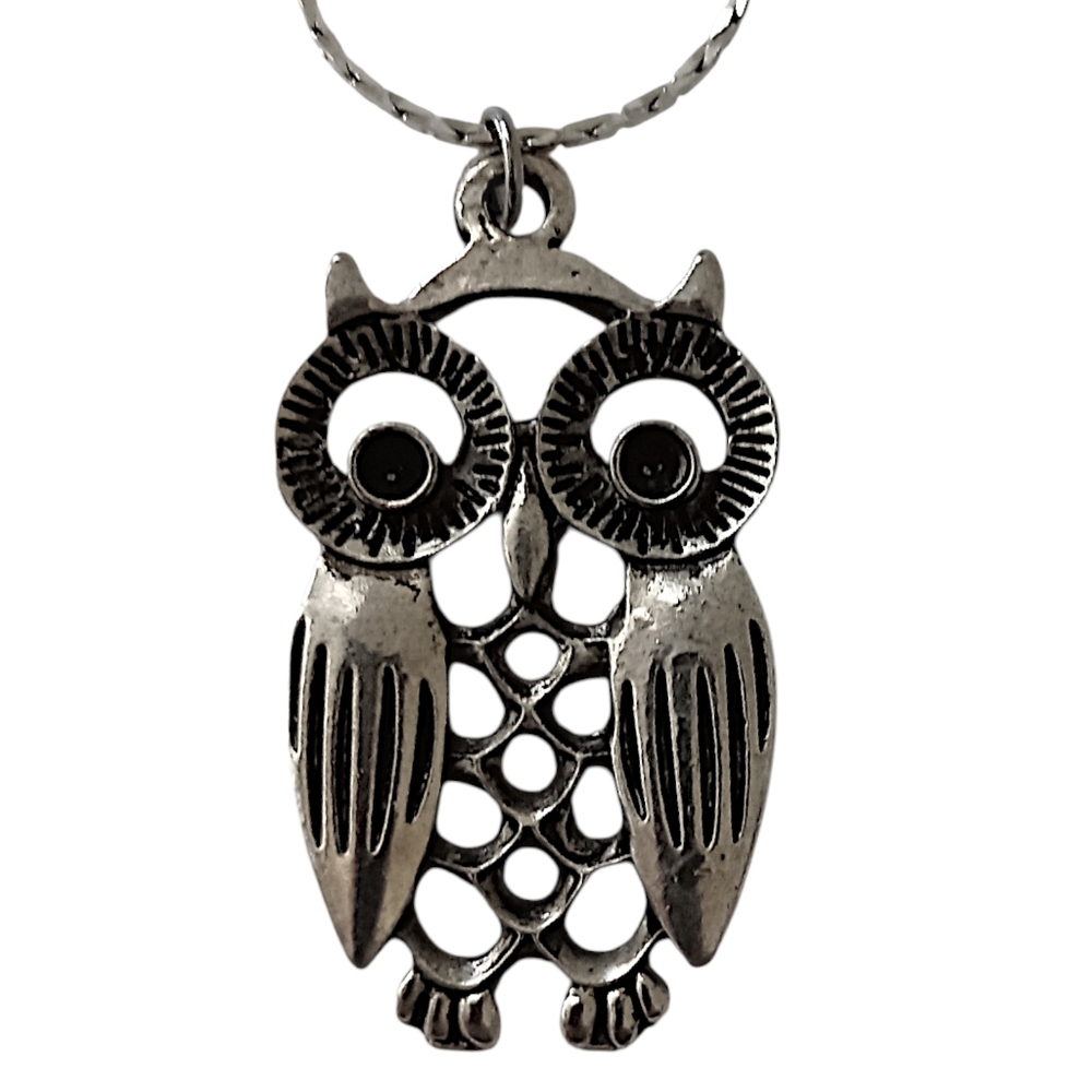 Owl‎ Pendant Necklace Antiqued Silver Tone Open Work Filigree Hippie Bohemian